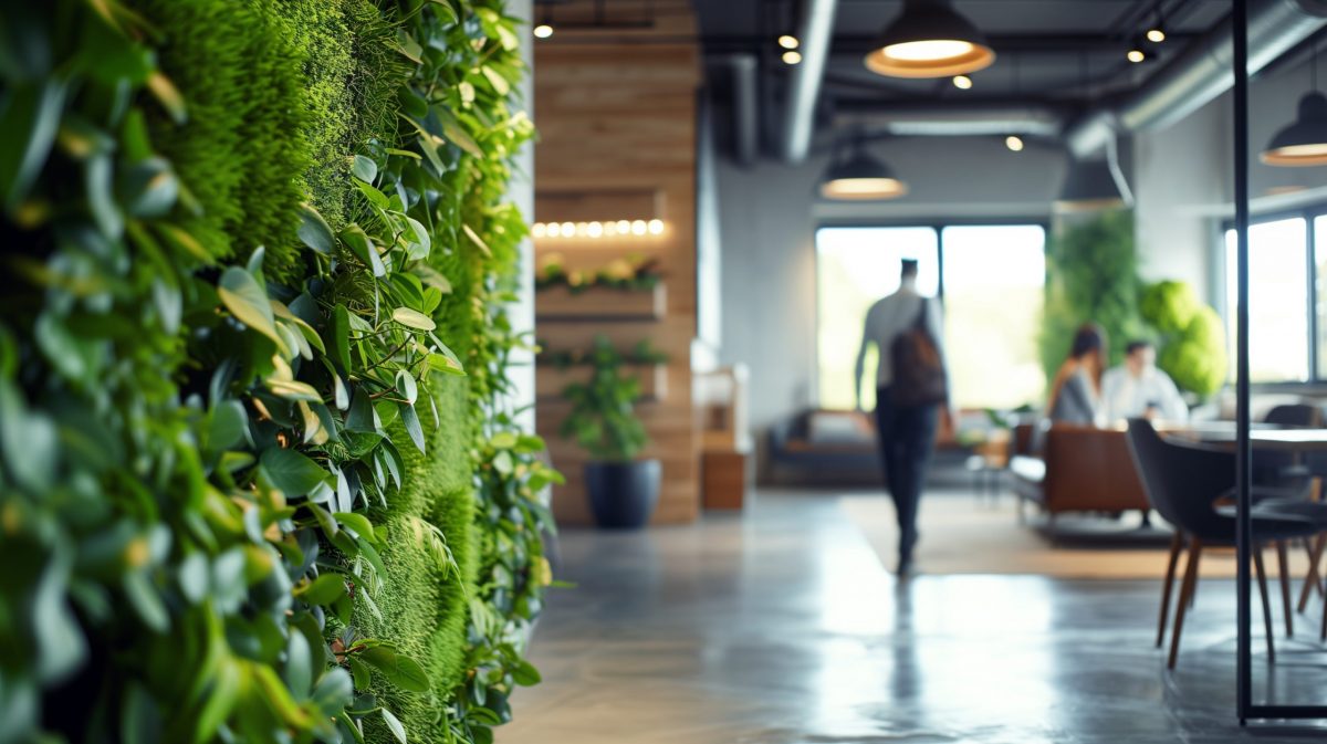 A modern, eco-friendly office design and environment promoting employee health, featuring a lush living green wall, natural light, and ergonomic furniture designed for comfort and productivity.